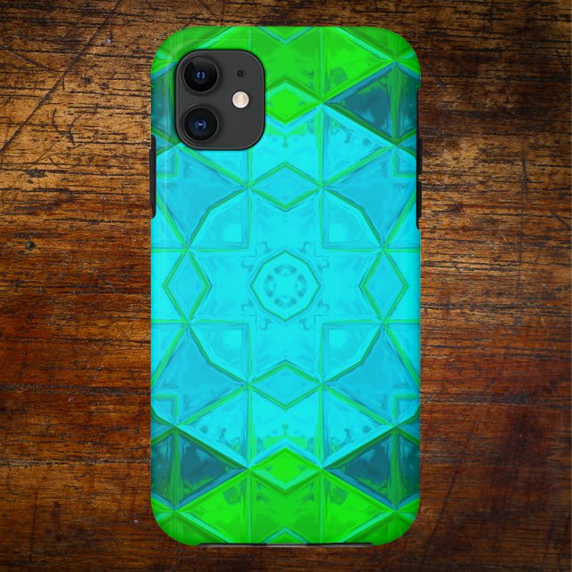 Capa Para iPhone 11 Kaleidoscope Quadrado de mosaico Verde e Azul (Criador carregado)
