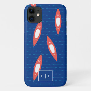 Capa Para iPhone 11 Kayak Personalizado Monograma Azul Coral Moderno