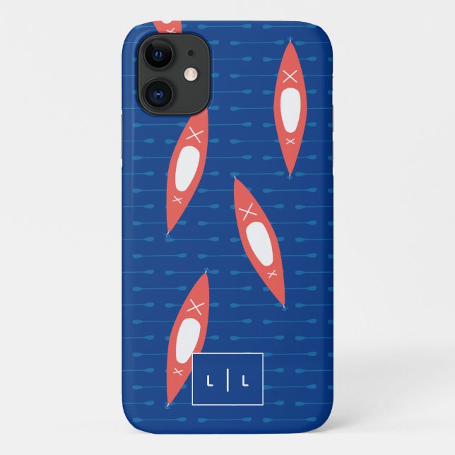Capa Para iPhone 11 Kayak Personalizado Monograma Azul Coral Moderno (Verso)