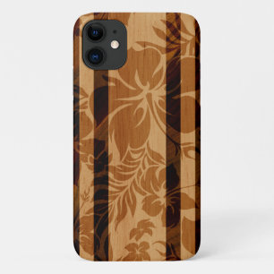 Capa Para iPhone 11 Keokea Beach Hibiscus Faux Wood Surfboard