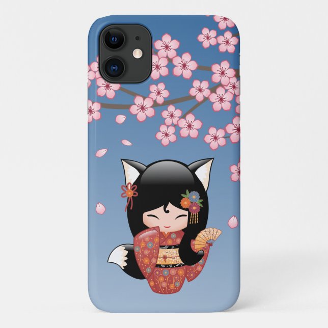 Capa Para iPhone 11 Kitsune Kokeshi Doll - Rapariga Negra Fox Geisha (Verso)