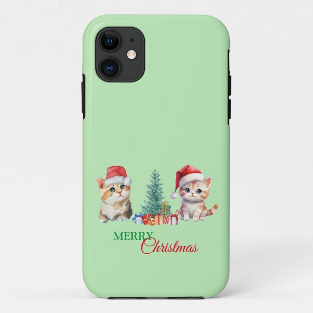 Capa Para iPhone 11 Kitten Cat Papais noeis Red Green Felry Festa de N (Verso)