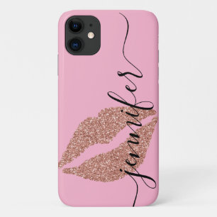 Capa Para iPhone 11 Lábios Brilhantes Dourados rosa, rosa personaliza