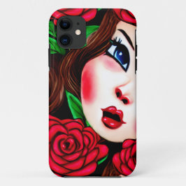 Capa Para iPhone 11 Lábios vermelhos e padrão Rosa vermelha