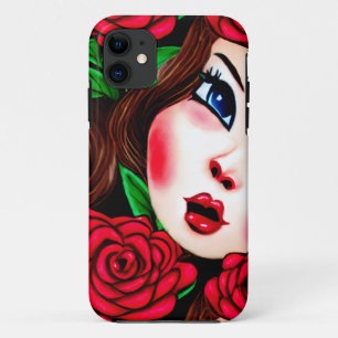 Capa Para iPhone 11 Lábios vermelhos e padrão Rosa vermelha