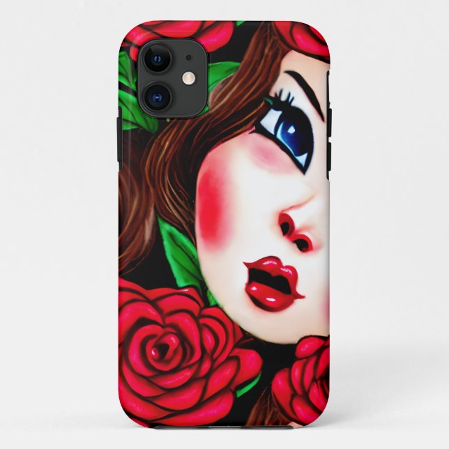 Capa Para iPhone 11 Lábios vermelhos e padrão Rosa vermelha (Verso)