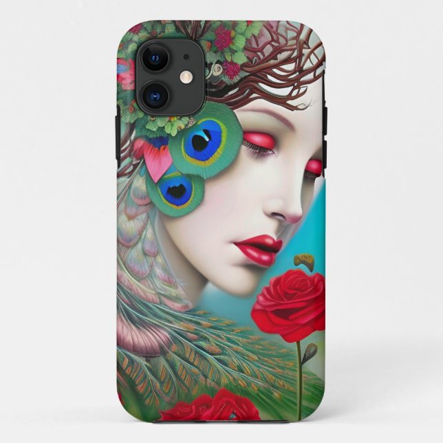 Capa Para iPhone 11 Lábios vermelhos e Rosa de Peacock (Verso)