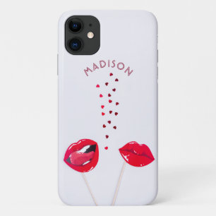 Capa Para iPhone 11 Lábios Vermelhos Girly Corações Nome Personaliz