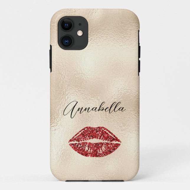 Capa Para iPhone 11 Lábios vermelhos glamourosos Dourados com champanh (Verso)