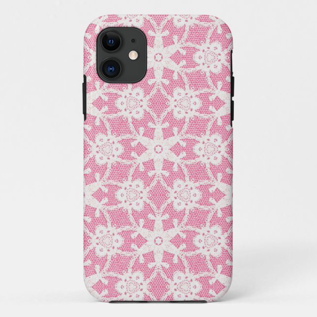 Capa Para iPhone 11 Lace antigo - branco e rosa rosa (Verso)