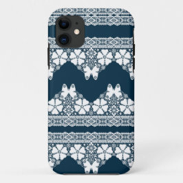 Capa Para iPhone 11 Lace branco retrô com borboletas em azul escuro b