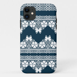 Capa Para iPhone 11 Lace branco retrô com borboletas em azul escuro b
