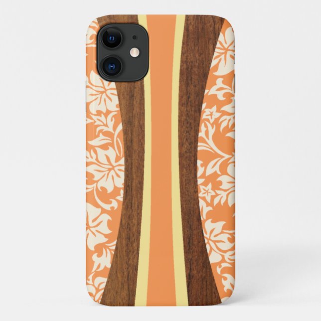Capa Para iPhone 11 Laniakea Hawaiian Faux Wood Orange Surfboard (Verso)