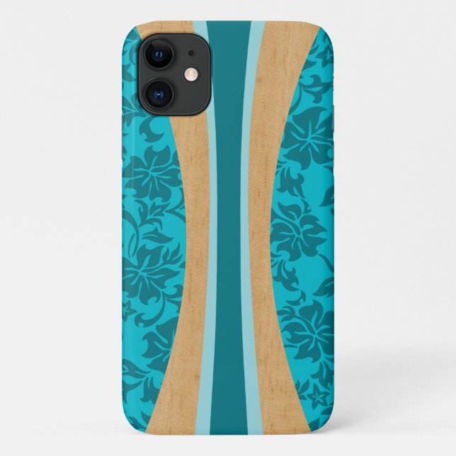 Capa Para iPhone 11 Laniakea Hawaiian Faux Wood Surfboard Teal (Verso)
