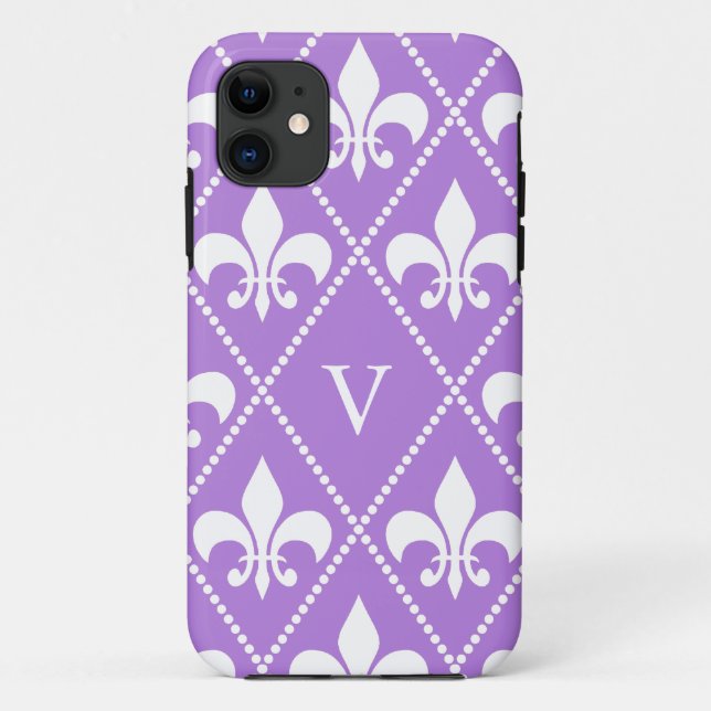 Capa Para iPhone 11 Lavanda Fleur de Lis com monograma (Verso)