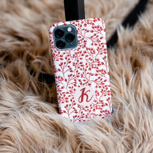 Capa Para iPhone 11 Leafy Red Pattern Modern Elegant Monogrammed (Criador carregado)