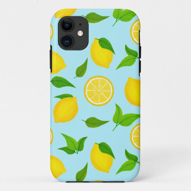 Capa Para iPhone 11 Lemons amarelos de verão com padrão azul suave (Verso)