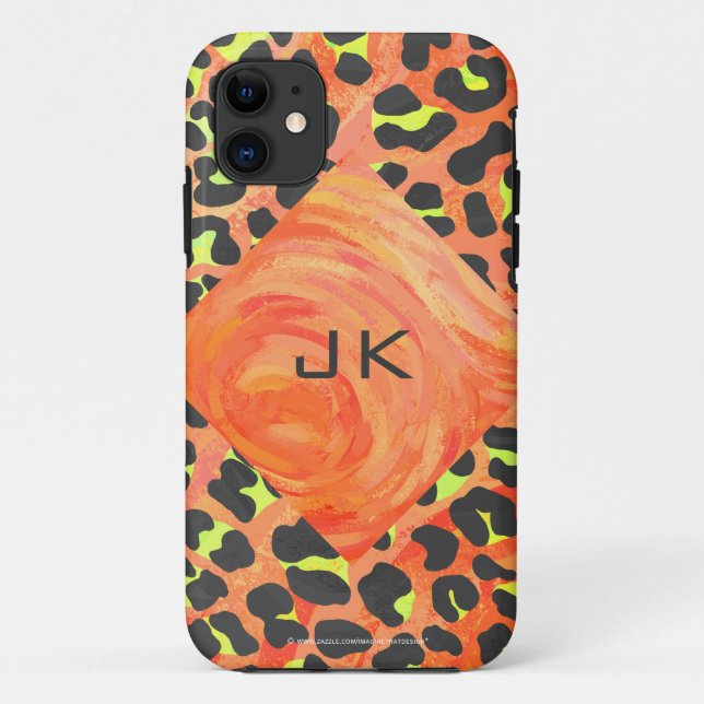 Capa Para iPhone 11 Leopardo Monograma Laranja e Impressão amarelo (Verso)