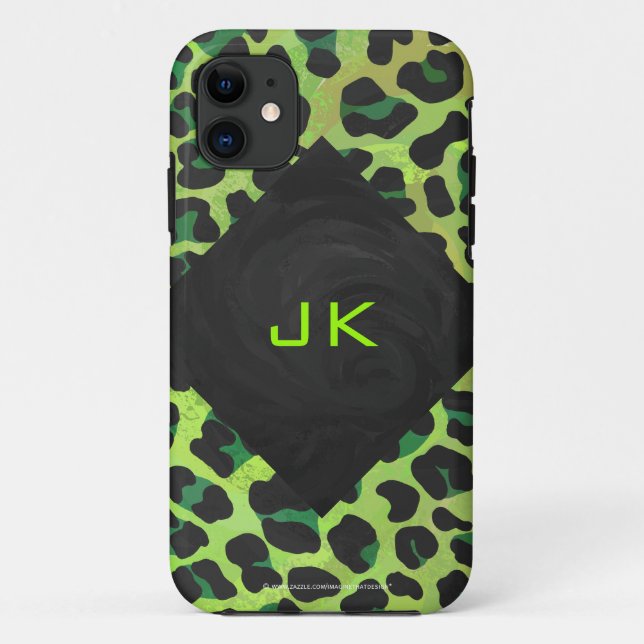 Capa Para iPhone 11 Leopardo Preto e Verde com Monograma (Verso)