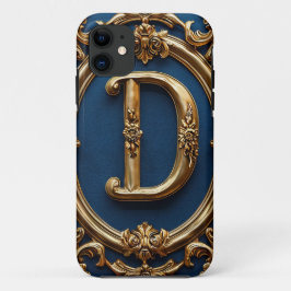 Capa Para iPhone 11 Letra D Dourada Elegante em Fundo Azul Ornamentado