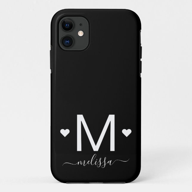 Capa Para iPhone 11 Letra feminina moderna monograma branco preto   (Verso)