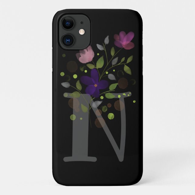 Capa Para iPhone 11 Letra inicial N + Design floral (Verso)