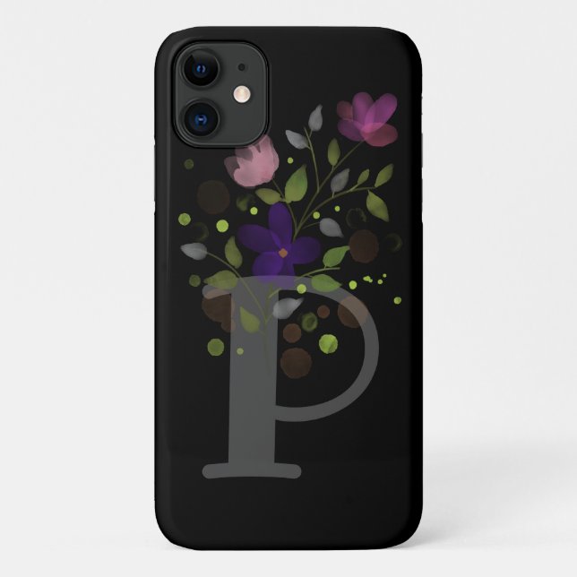Capa Para iPhone 11 Letra inicial P + Design floral (Verso)