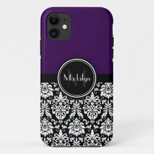 Capa Para iPhone 11 Letra Monograma de Damasco Branco Puro Preto