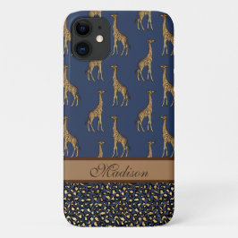 Capa Para iPhone 11 Letra Na moda Azul do Marinho Giraffe Dourada
