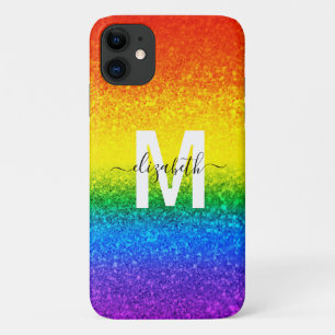Capa Para iPhone 11 LGBT Pride Rainbow Glitter Stripes Nome do Monogra