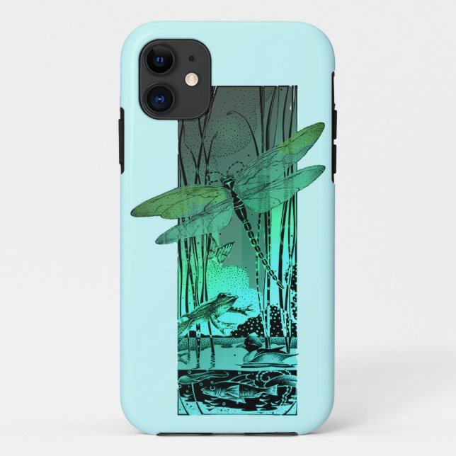 Capa Para iPhone 11 Libélula e sapo verdes na lagoa (Verso)