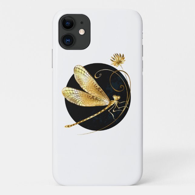 Capa Para iPhone 11 libélula ouro em círculo preto (Verso)