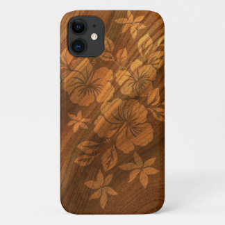 Capa Para iPhone 11 Lilikoi Hibiscus Hawaiian Faux Burl Wood
