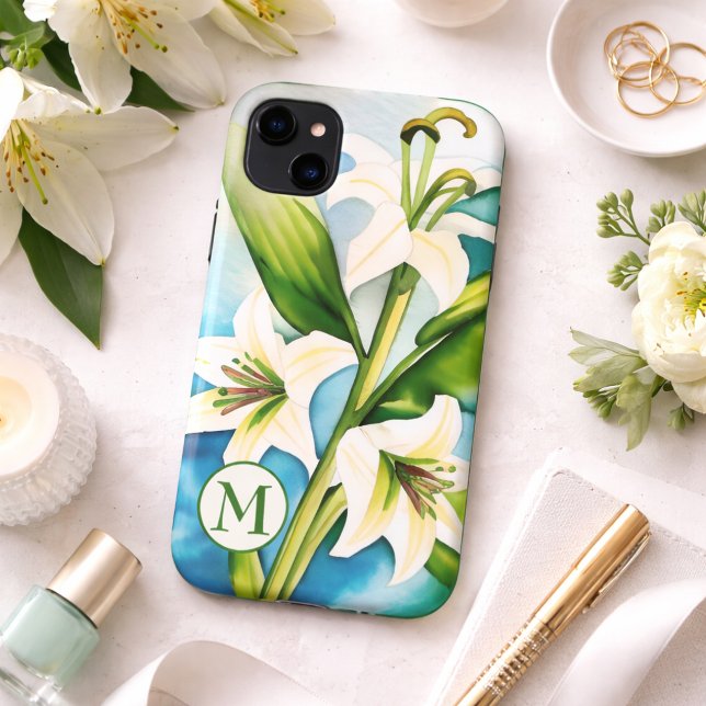 Capa Para iPhone 11 Lily Branca de Aquarela com Monograma (Criador carregado)