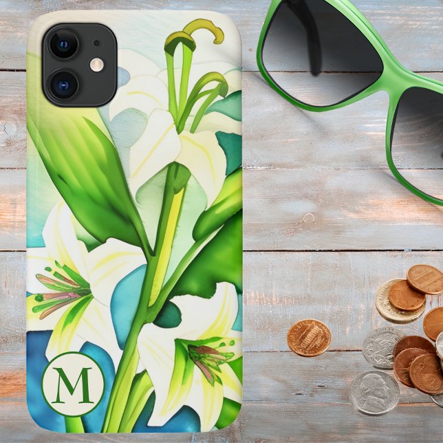 Capa Para iPhone 11 Lily Branca de Aquarela com Monograma (Criador carregado)