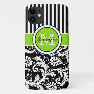 Capa Para iPhone 11 Limão Monograma preto Damasco branco com risca bra