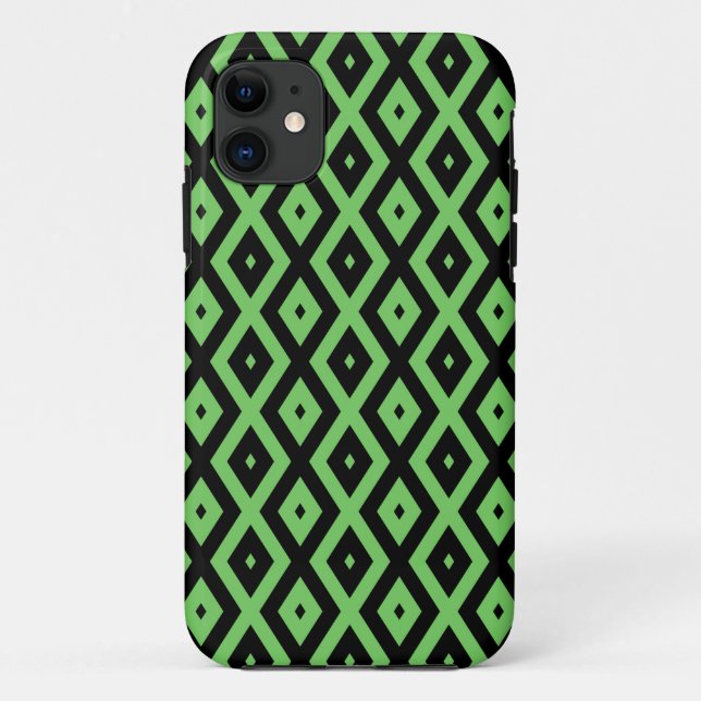 Capa Para iPhone 11 Lime green and black diamond pattern (Verso)
