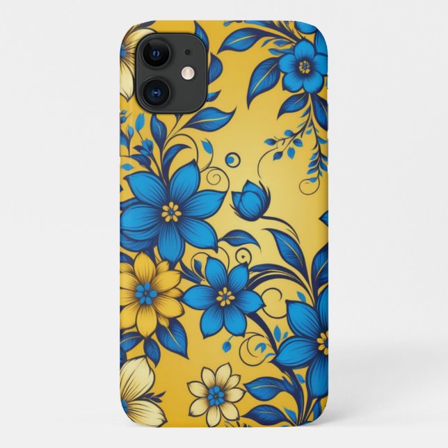 Capa Para iPhone 11 Linda Arte do Padrão de Flores Azuis e Amarelas (Verso)