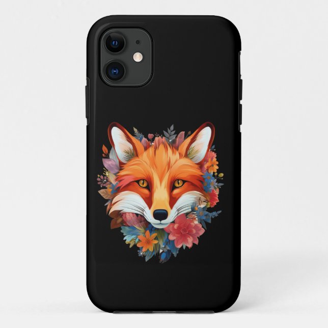 Capa Para iPhone 11 Linda e Bela Raposa em Aquarela Flor (Verso)