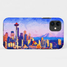 Linda Seattle Skyline Cores Sunset Aquarela