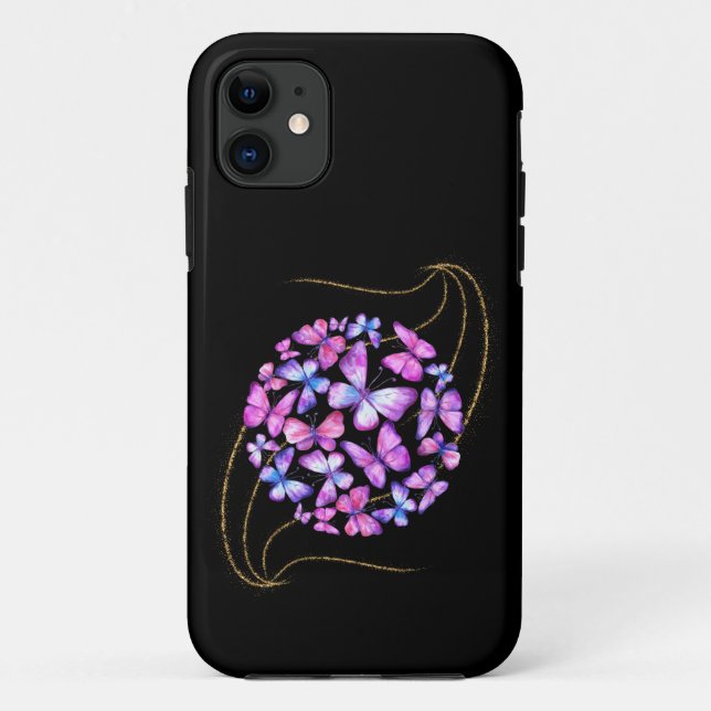 Capa Para iPhone 11 Lindas Borboletas de Aquarela com Bling Dourado (Verso)
