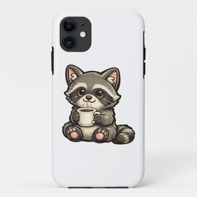 Capa Para iPhone 11 Lindo Guaxinim com Café – Animal Aconchegante Kawa (Verso)