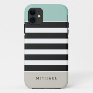 Capa Para iPhone 11 Listras bege pretas brancas da hortelã - elegante