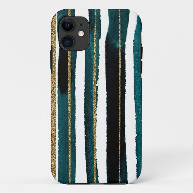 Capa Para iPhone 11 Listras de brilho verdes e douradas (Verso)