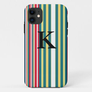 Capa Para iPhone 11 Listras retrô coloridas adicionam letra inicial mo