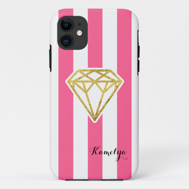 Capa Para iPhone 11 Listras Rosa com Diamante de Folha de Ouro (Verso)