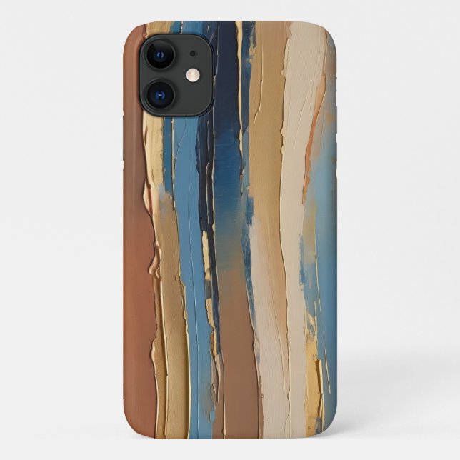 Capa Para iPhone 11 Listras texturizadas douradas e bronze azuis bege (Verso)