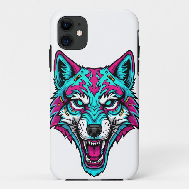 Capa Para iPhone 11 Lobo Neon Cyberpunk - Animal Robótico Synthwave (Verso)