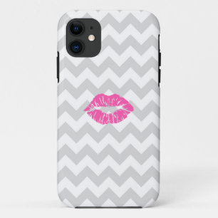 Capa Para iPhone 11 Lt branco cinzento Chevron, beijo cor-de-rosa do