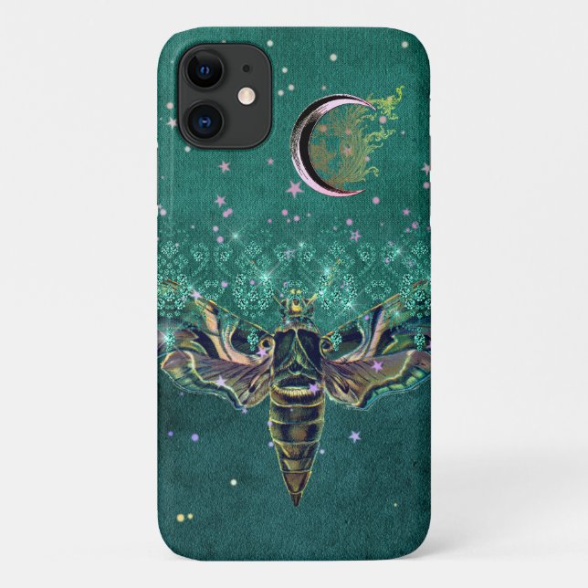 Capa Para iPhone 11 Lua de mariposa esmeralda verde-azul (Verso)
